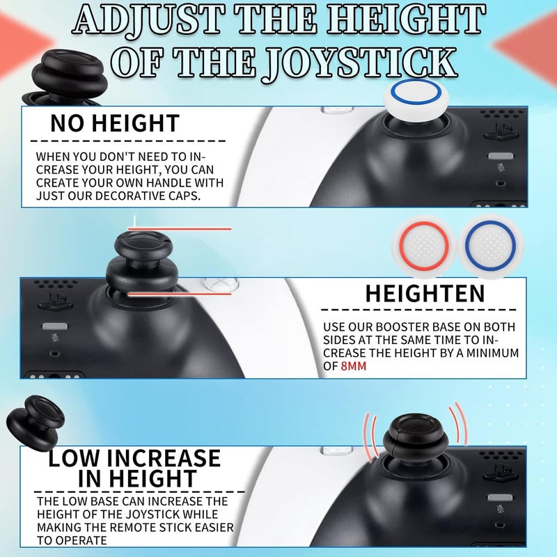 PlayRealm NO Falling Off Thumbstick Extender x 2 & Thumb Grip x 4 for PS5 & PS4 Controller (White Red & Blue Ring) - Image 5